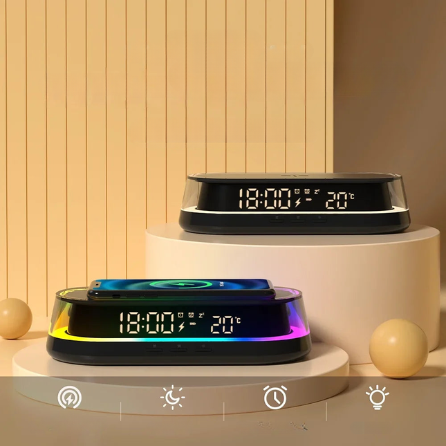 Väckarklocka med trådlös laddare och LED-ljus