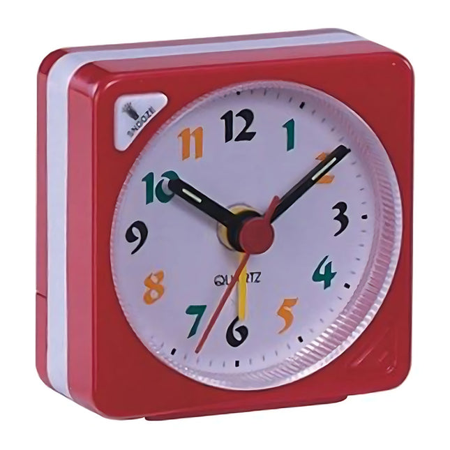 Röd analog väckarklocka med färgglada siffror