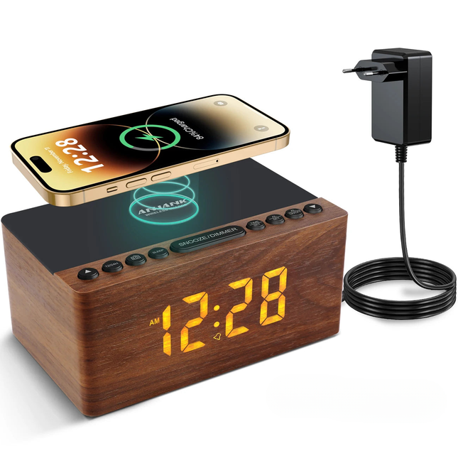 Klockradio i trä med trådlös laddning