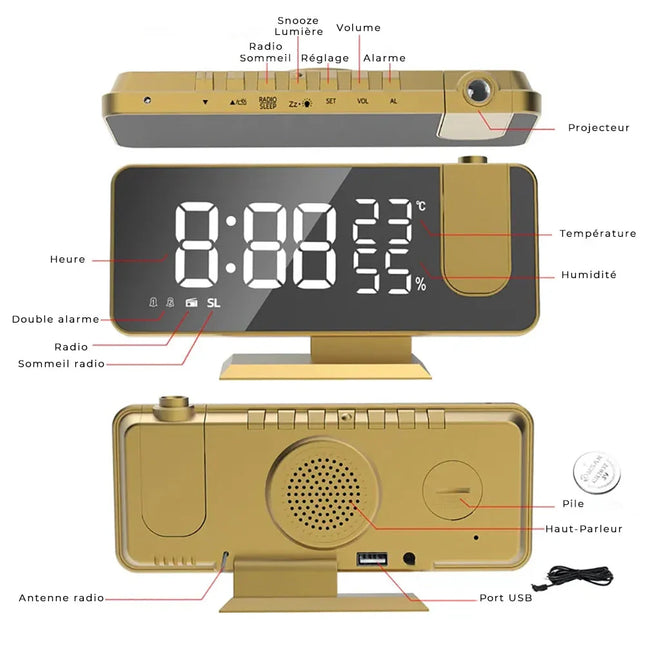 Modern projektorklocka med spegeldisplay