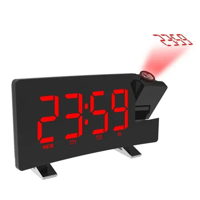 Klockradio med röd tidsprojektion på vägg