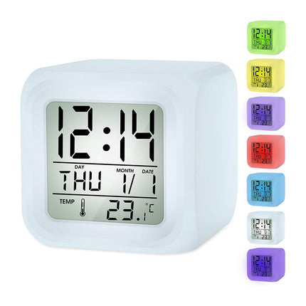 Lysande kub väckarklocka med termometer