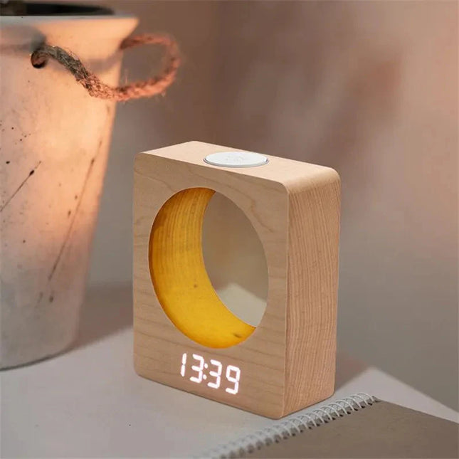 Design väckarklocka i trä med månlampa
