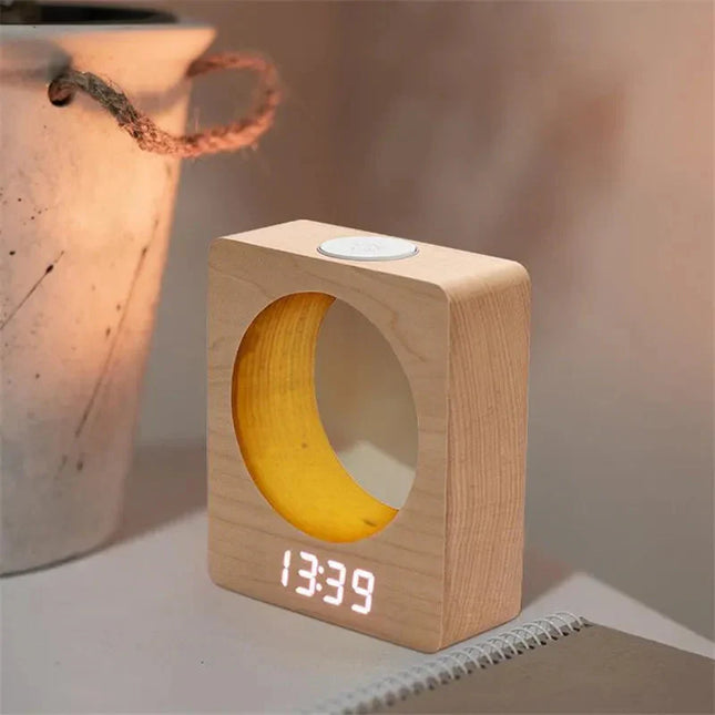 Design väckarklocka i trä med månlampa