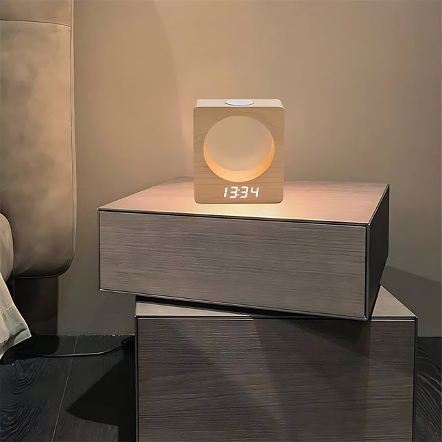 Design väckarklocka i trä med månlampa