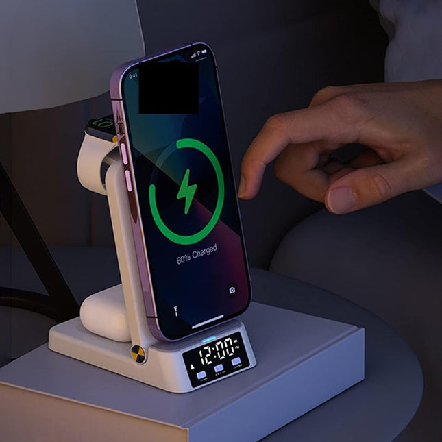 Hopfällbar trådlös laddare med väckarklocka