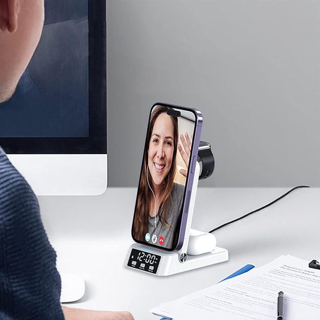 Hopfällbar trådlös laddare med väckarklocka