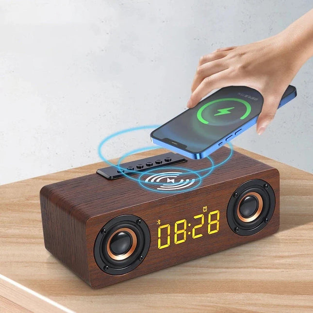 Retro väckarklocka i trä med Bluetooth