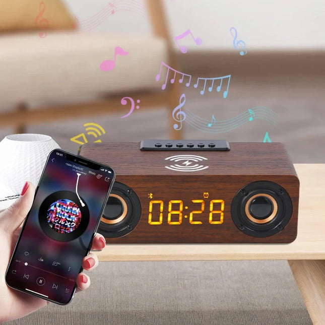 Retro väckarklocka i trä med Bluetooth