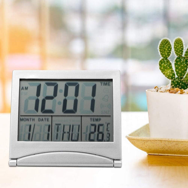 Vikbar digital reseväckarklocka med alarm