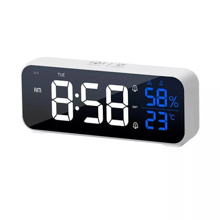 Vit digital väckarklocka med termometer
