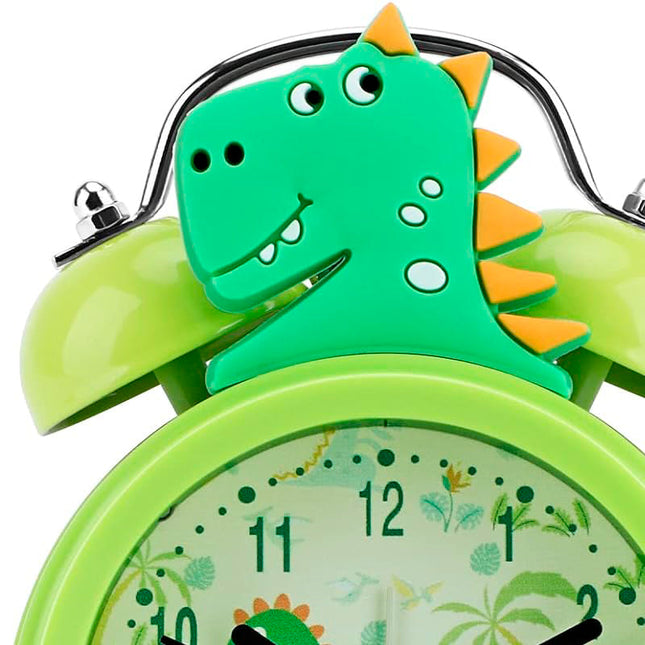 Grön analog väckarklocka med dinosaurie