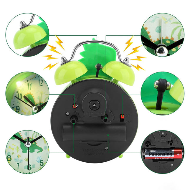 Grön analog väckarklocka med dinosaurie