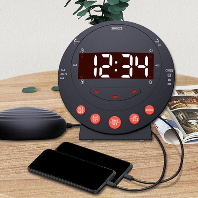 Svart väckarklocka med stark sängvibrator